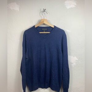 Harrison Davis Men's XL Blue V-Neck Pullover 100% Extra Fine Merino Wool Sweater
